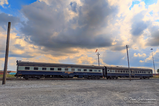 TGC3, the track geometry car, and support car Hocking Valley are sitting in CSX's DeWitt Yard.