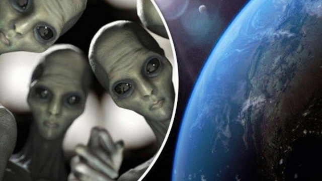 Alien's in an image overlooking the planet Earth.