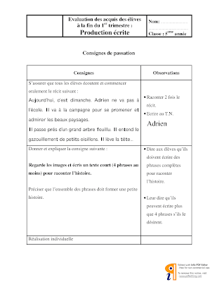 تقييم فرنسية سنة خامسة ابتدائي الثلاثي الأول, تحميل امتحان فرنسية سنة خامسة أساسي pdf, تقييمات  فرنسية سنة  خامسة,devoir production écrite 5ème année