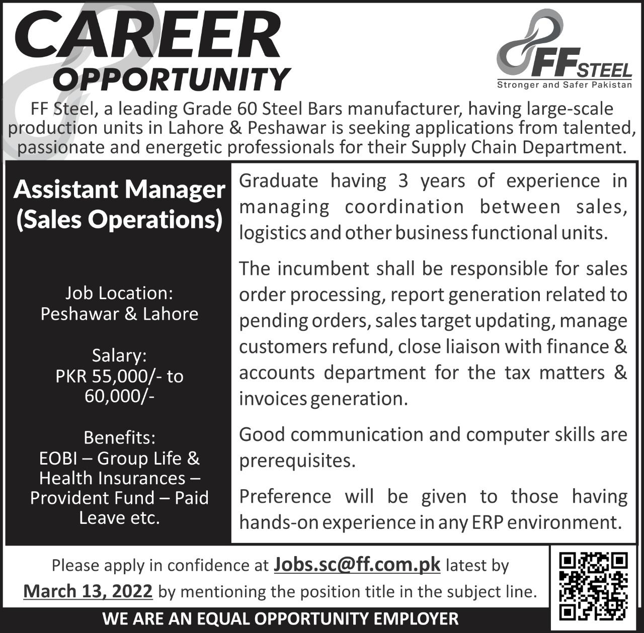 FF Steel Jobs Assistant Manager ( Sales Operations ) March 2022