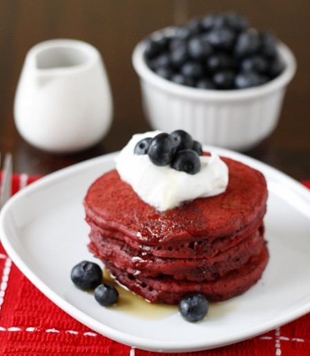 Red Velvet Pancakes with Whipped Cream and Blueberries