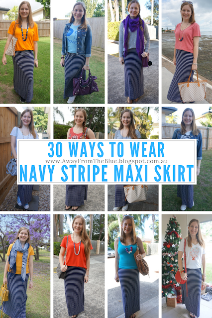 30 wears challenge ways to wear a navy striped jersey maxi skirt outfit ideas away from the blue blog