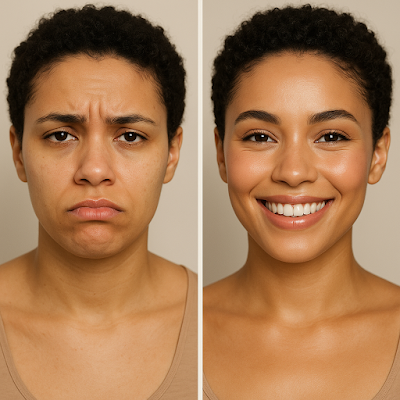 Before and after showing transformation to radiant, glowing skin with effective skincare routine