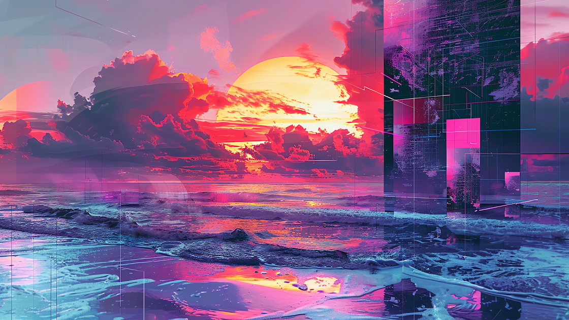 A surreal beachscape at sunset with a blend of digital glitches and vibrant pink and purple hues reflecting on the water.