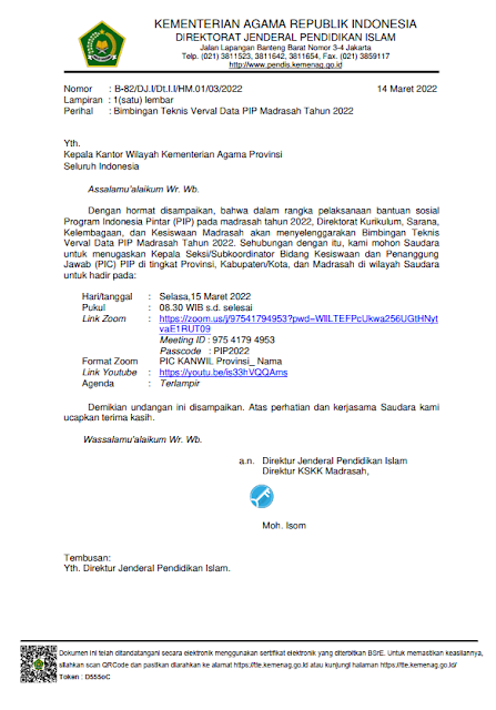 Surat Undangan Bimbingan Teknis Verval Data PIP (Program Indonesia Pintar) Madrasah Tahun 2022 - INTEL MADRASAH