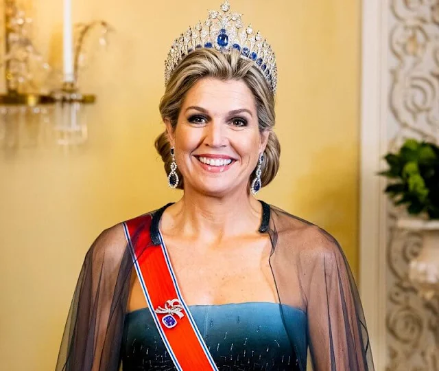 Queen Maxima wore a gown by Jan Taminiau. Diamond Swirl Brooches and Sapphire pendant. Mette-Marit, Princess Martha Louise
