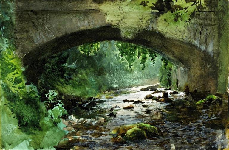 Anders Zorn | Rapids under an old stone bridge, 1884, watercolor