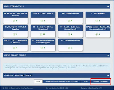 Generate Summary - Once the records are savedin GSTR-1