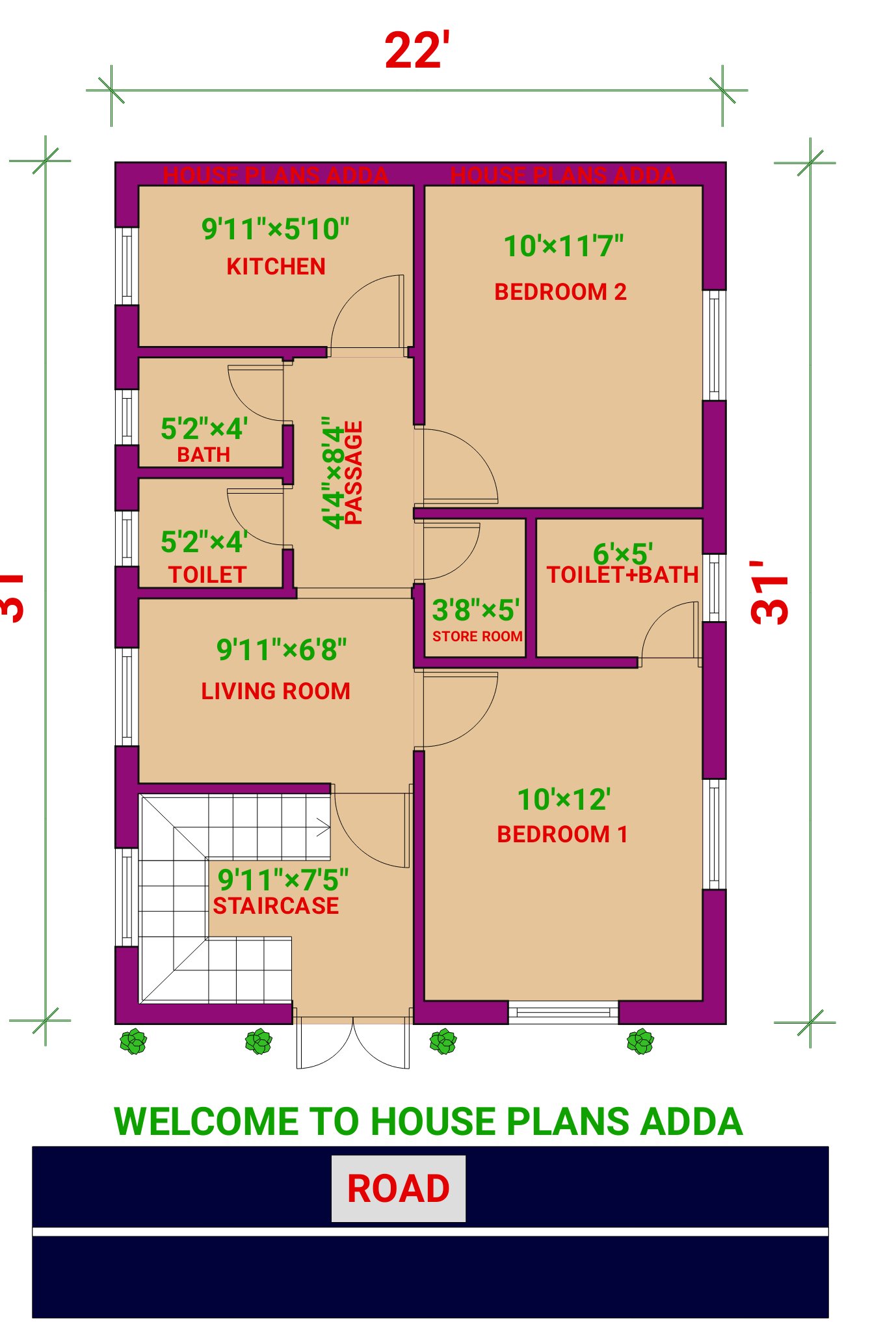 22×31 house plan 2bhk