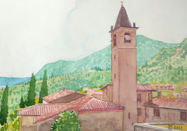 Watercolour near Lake Garda, "Campanile Antica Parrocchiale di San Michele Arcangelo a Gaino," by William Walkington in 2021