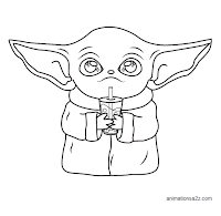Baby Yoda drinks bubble tea drawing