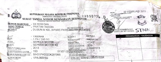 TERCECER 1 BUAH STNK ATAS NAMA PRATIWI TRISSIA