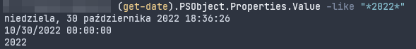 Wynik wyszukiwania ciągu "2022" w wartościach właściwości polecenia Get-Date