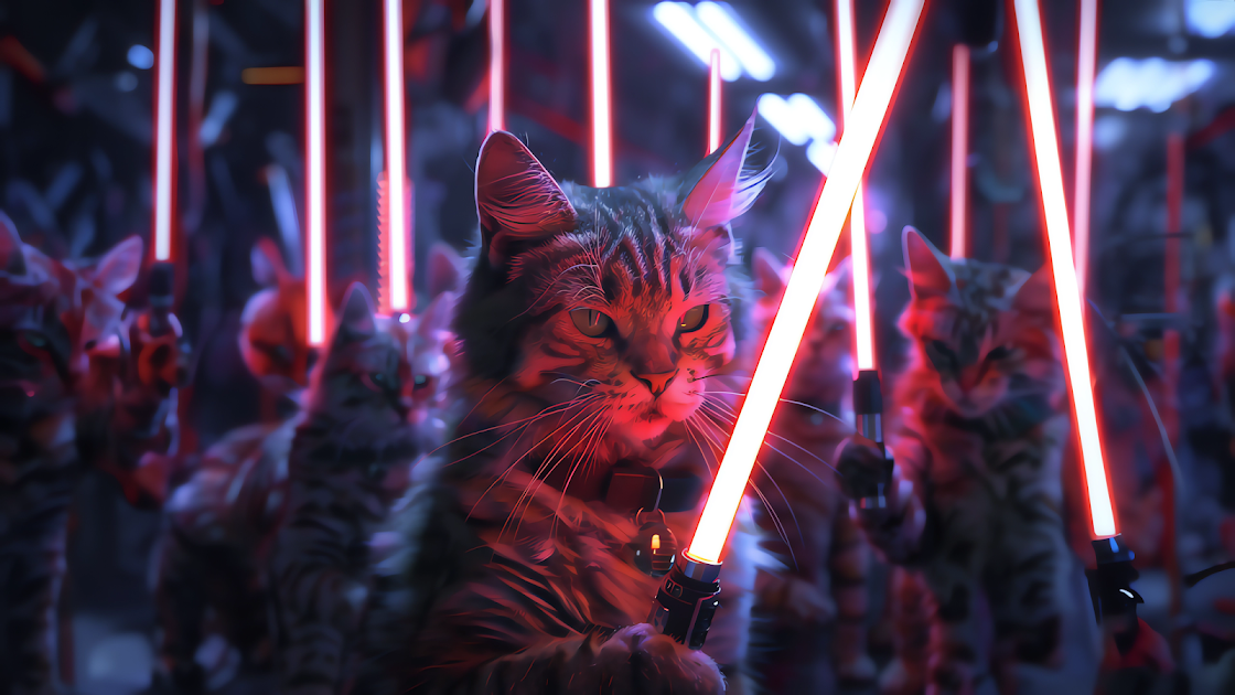 Imaginative 4K wallpaper featuring a squad of cat with sith red lightsabers, set against a futuristic neon-lit backdrop, perfect for Star Wars fans.