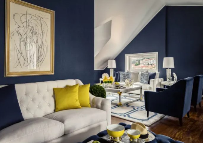 navy blue accent wall living room