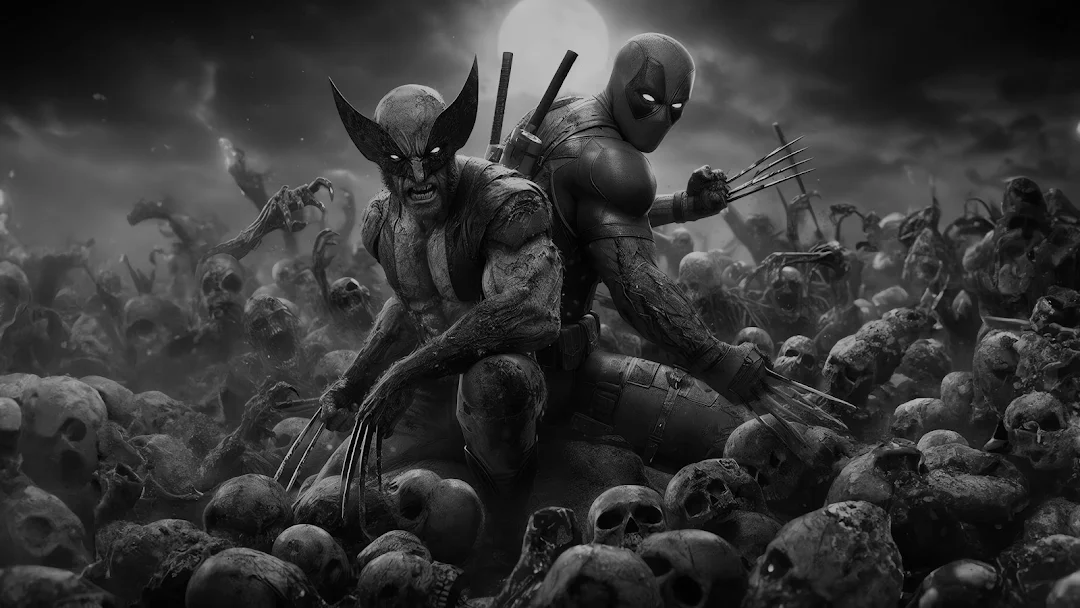 A fantastic illustration of Wolverine and Deadpool fighting against zombies. Wallpaper 4k for pc