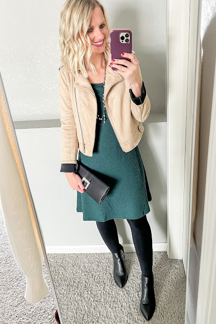 Forest green dress with a faux suede tan moto jacket