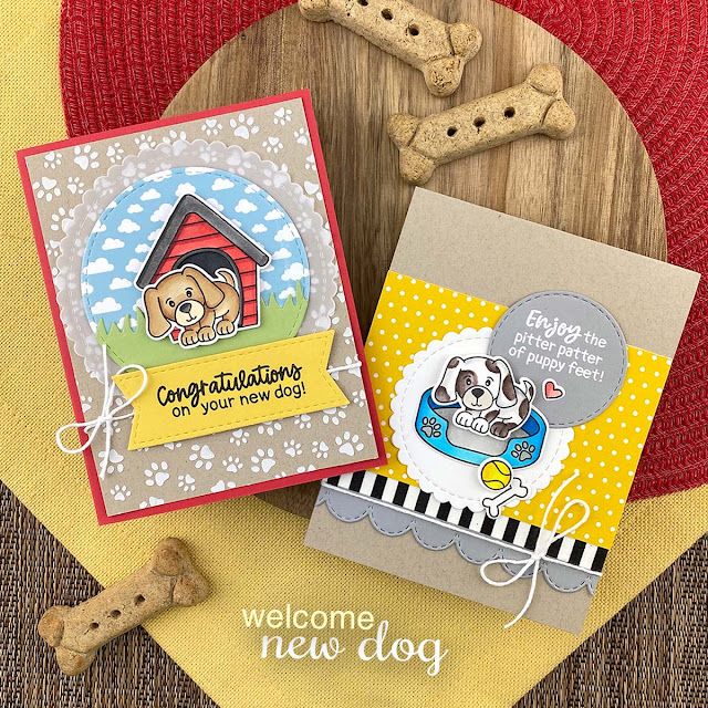 Congratulations on your new dog Cards by Jennifer Jackson | Welcome New Dog stamp set, Petite Paw Prints Stencil, Circle Frames Die Set, and Springtime Paper Pad by Newton's Nook Designs