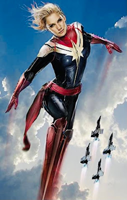 Katee Sackhoff as Captain Marvel with jets flying behind her