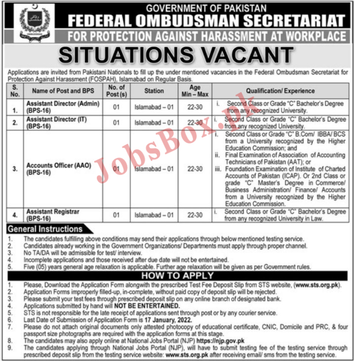 Federal Ombudsman Secretariat Jobs 2022 in Pakistan