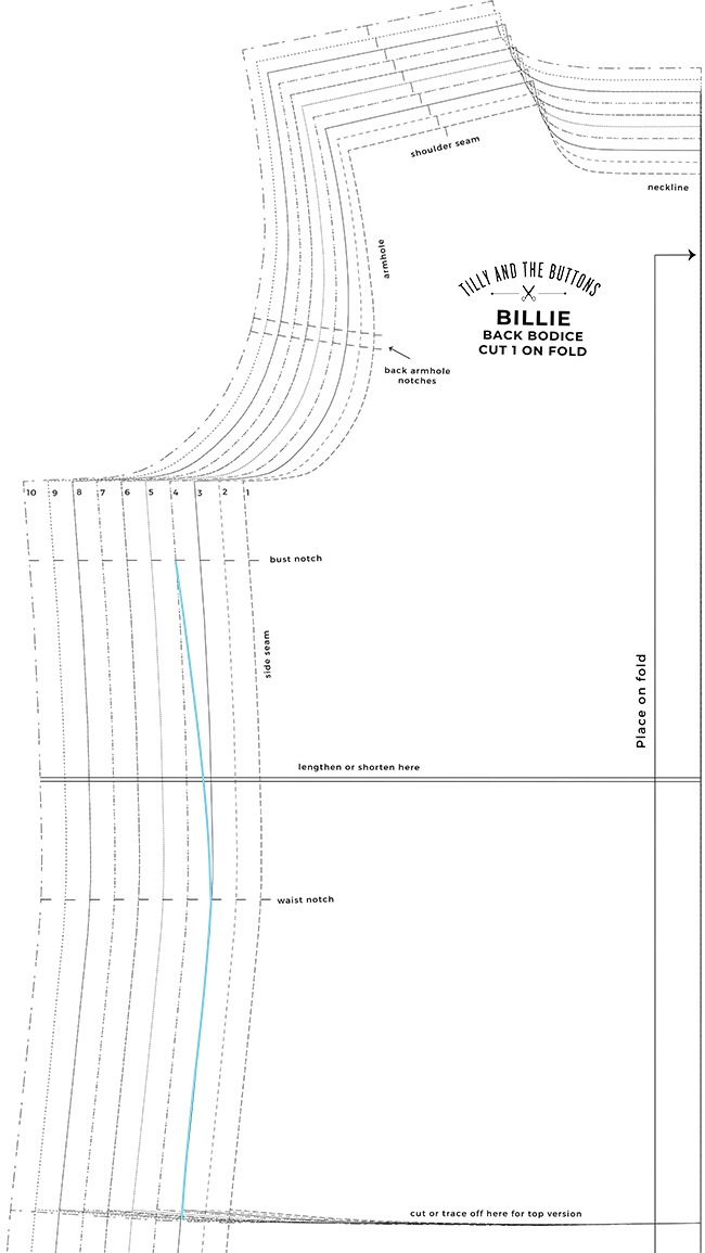 Combining sewing pattern sizes on Billie - tech image.