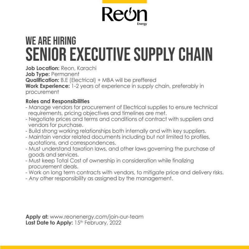 Reon Energy Jobs Senior Executive Supply Chain