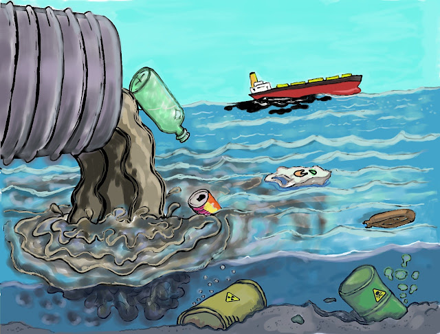 laut yang tercemar limbah plastik dan ciran amonia dari kapal.
