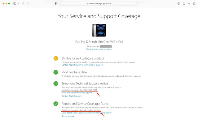 تحقق من خدمة الضمان وتغطية الدعم النشط على موقع Apple Check Coverage