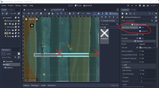 A screenshot of the Godot editor showing character category selection in the inspector panel.