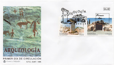 sello, filatelia, sobre, PDC, Arqueología, Menorca, Málaga