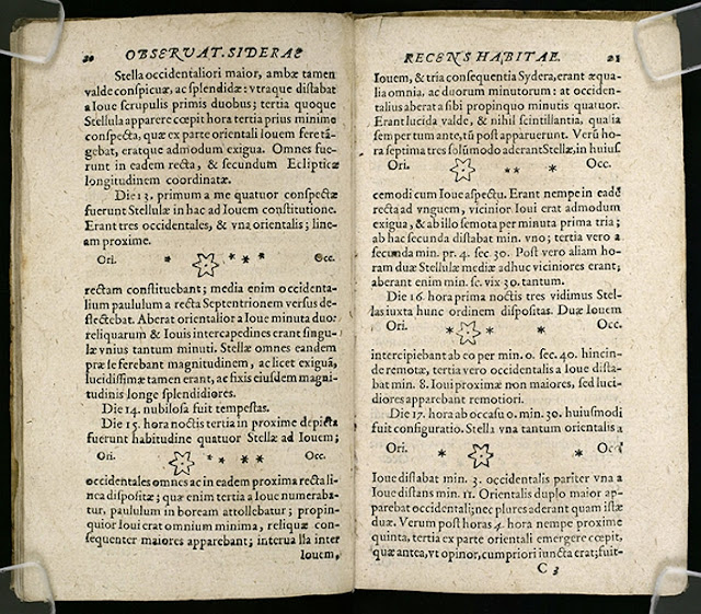 Открытие страницы пиратского франкфуртского издания Галилея Галилея, Sidereus nuncius, 1610 г., показывающее появление спутников Юпитера с 12 по 17 января; сравните с изображением 6 выше, на котором показано то же открытие из издания Венеции 1610 года (Библиотека Линды Холл)