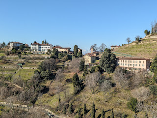 The sculpted hills of Bergamo along Via San Sebastiano with Monte Rosa in the distance.