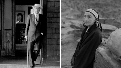 side by side black and white photographs of Frank Lloyd Wright standing in a doorway, and Georgia O'Keeffe in front of a landscape