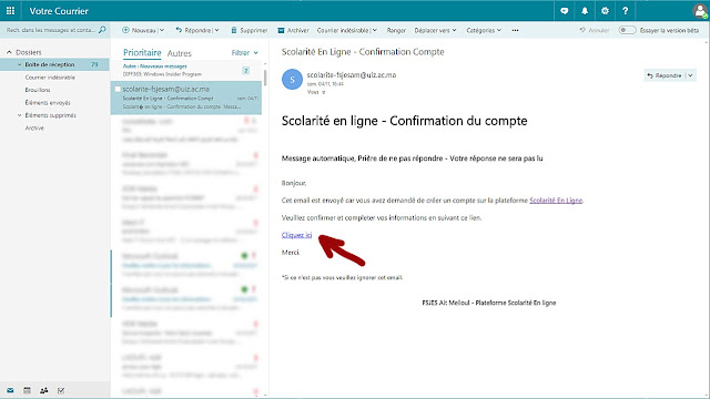 اضغط على رابط Cliquez ici صفحة تسجيل الدخول - تأكيد الحساب - توصلت برسالة على بريدك الإلكتروني،  رابط التفعيل - تفعيل الحساب الجامعي - مصلحة الشؤون الطالبية  - Scolarité en ligne