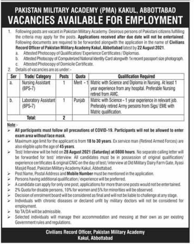 Pakistan Military Academy PMA Kakul Abbottabad Jobs 2021 Latest