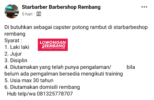 Lowongan Kerja Capster Starbarber Barbershop Rembang