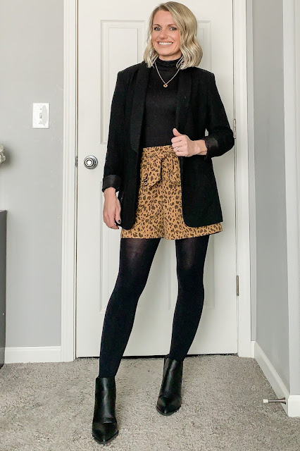 Paper bag shorts with a blazer and tights