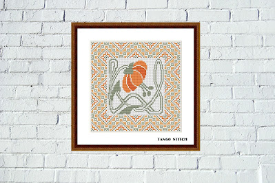 Art nouveau orange flower cross stitch design easy embroidery pattern