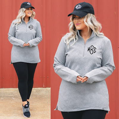 Monogrammed Pullover Sweatshirt in Heathered Grey with Leggings and Sneakers