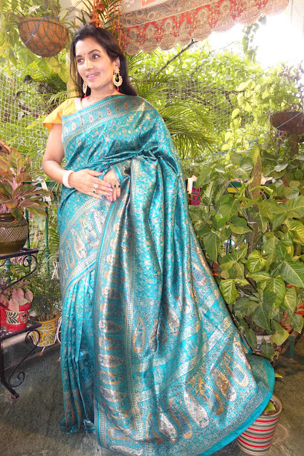 Raw silk kani saree- Turquoise Color