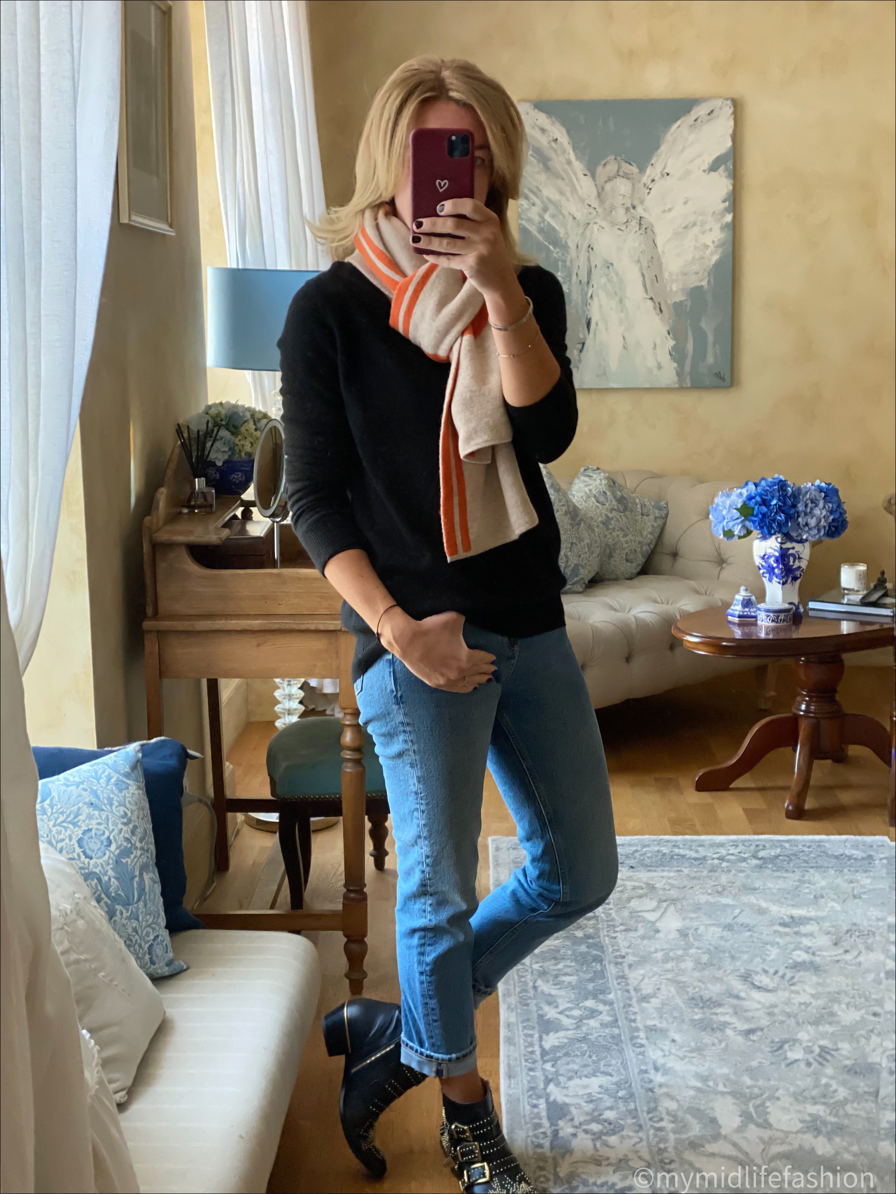 my midlife fashion, really wild clothing wool scarf, Boden cashmere boyfriend v neck jumper, Zara straight legged jeans, Chloe Susanna boots