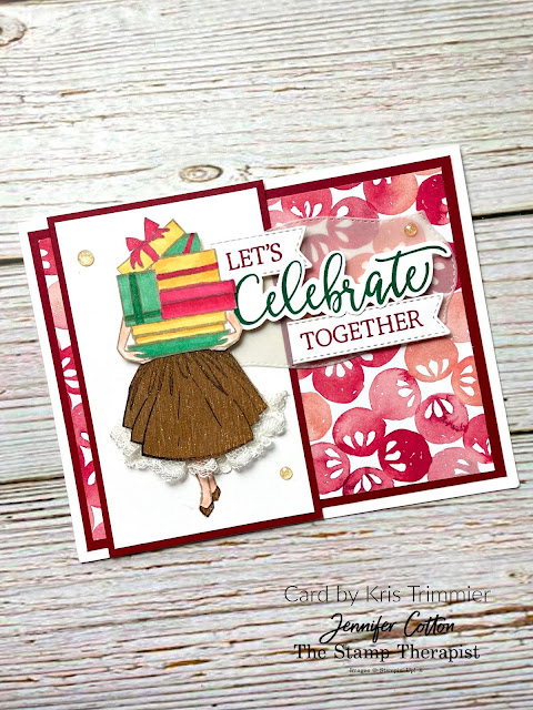 Delivering Cheer Christmas card using Create with Friends set to say Let's Celebrate Together.  Lady is wearing a dress and holding gifts (you can't see her face).