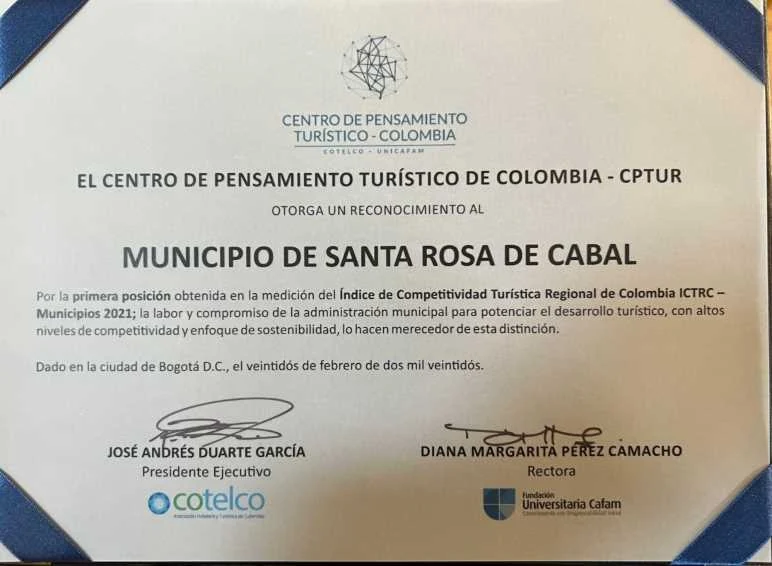 Santa Rosa de Cabal fue reconocida como el municipio turístico más competitivo del país