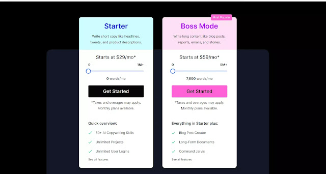 Jarvis AI has two types of plans called starter and Boss mode these plans have various features that help you most in SEO and grammar.