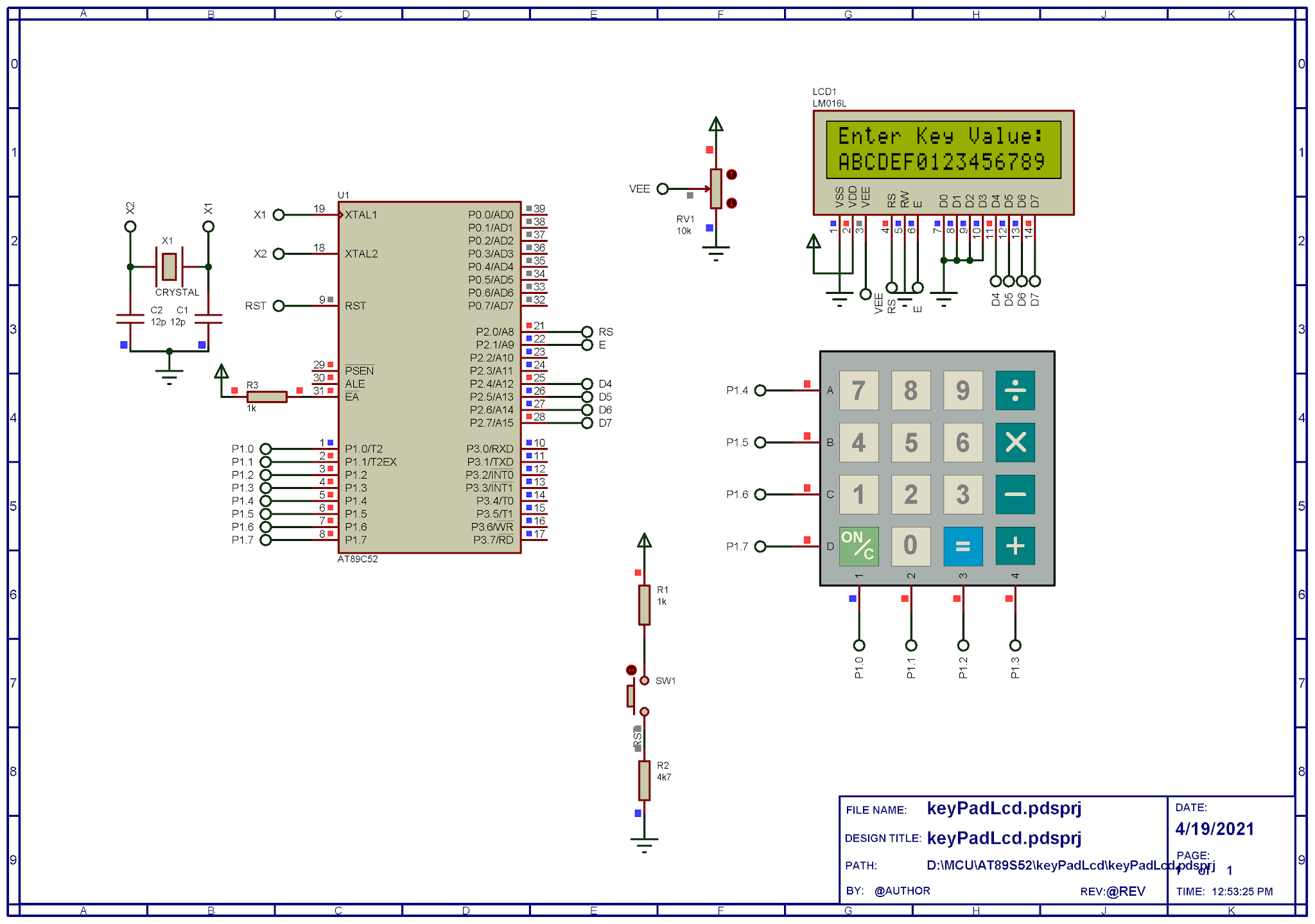 AT89C52 Character LCD and Keypad Interfacing Using C