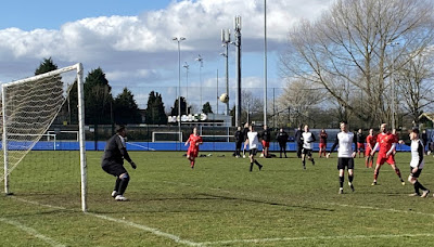 Football action from the Black Bull v Trinity Bob Bedford Cup semi-final at Brigg Recreation Ground on March 6, 2022. Black Bull are in the white shirts.