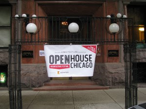 Open House Chicago banner outside Brewster Apartments in Chicago, Illinois