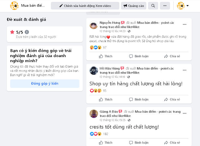 Đánh giá của khách hàng sau khi mua điểm like4like trên Fanpage Facebook