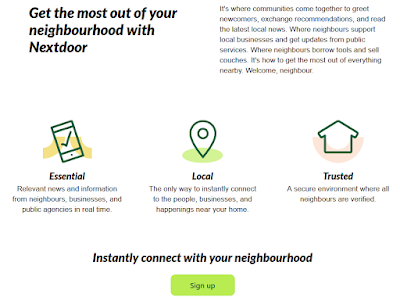 Website screenshot of ca.NextDoor.com home page: Get the most out of your neighbourhood with Nextdoor. Essential, Local, Trusted. Instantly connect with your neighbourhood. Sign up.