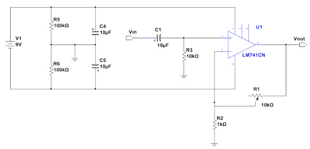 circuit diagram of ac-coupled non-inverting amplifier using LM741 op-amp